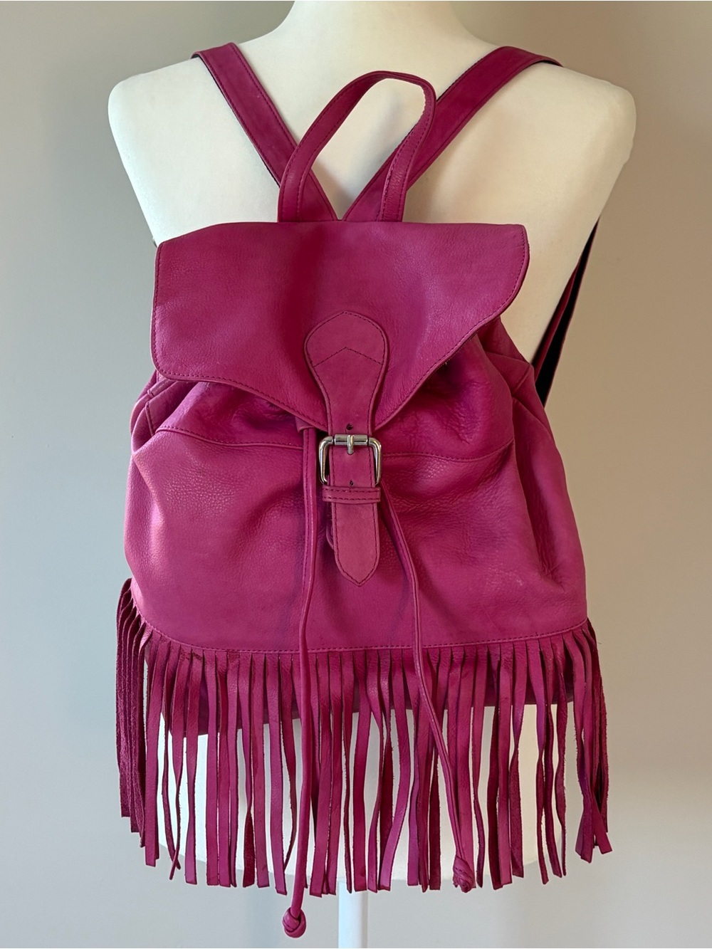 Women's Magenta Fringe Leather Backpack